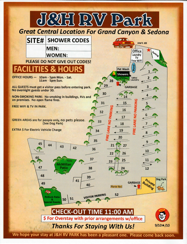 campground map for J & H RV Park in Flagstaff AZ